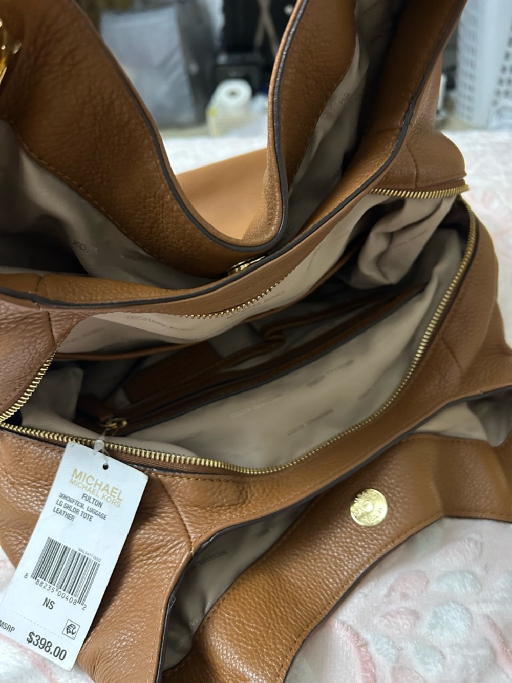 Michael Kors Brown Leather Shoulder Hobo with Gold MK Charm - Picture 5 of 8
